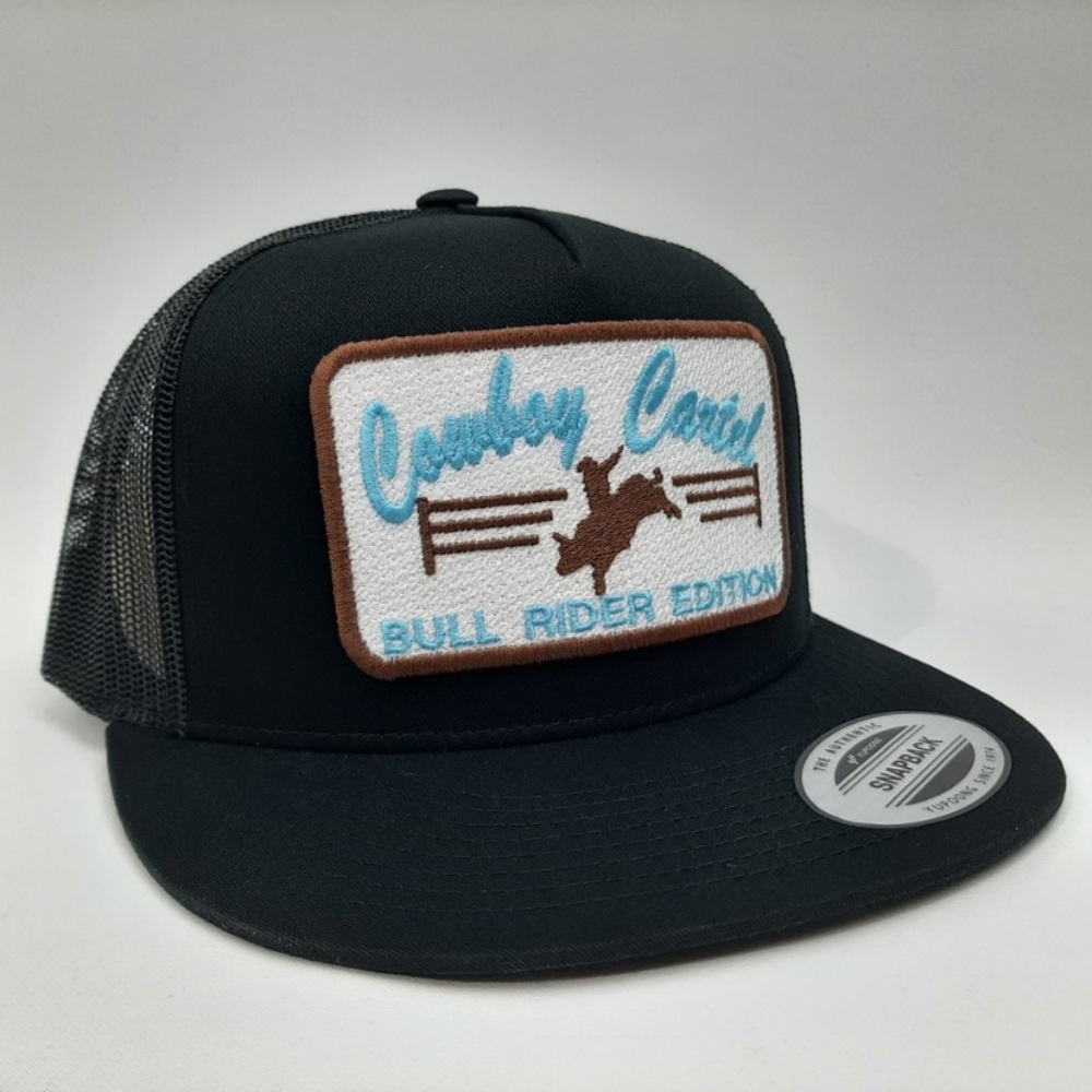 Cowboy Cartel Embroidered Patch Flat Bill Trucker Mesh Snapback Hat Black